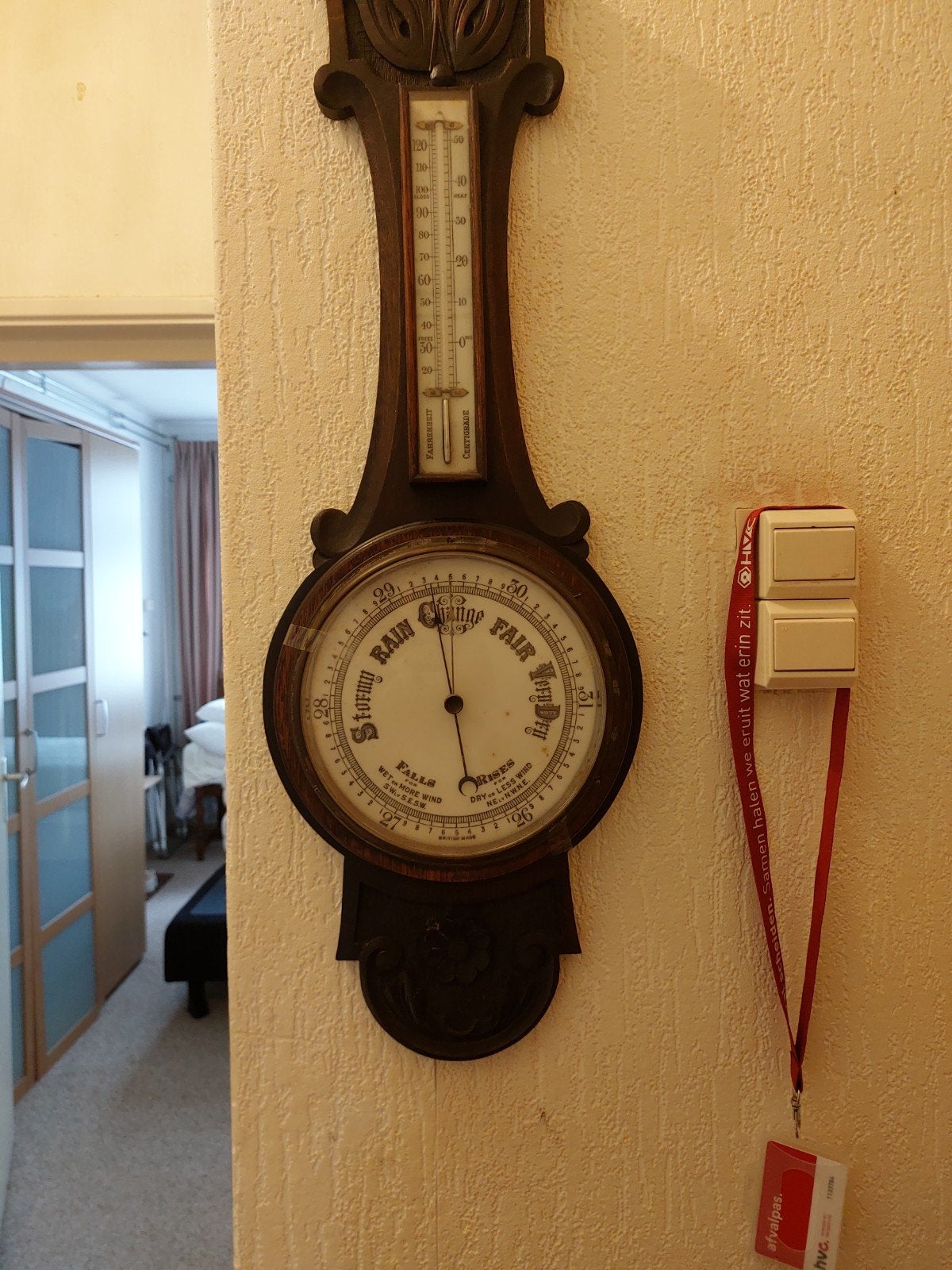 Vintage Banjo Barometer met Thermometer - Eikenhout, Audio, Tv en Foto, Ophalen, Gebruikt, Barometer