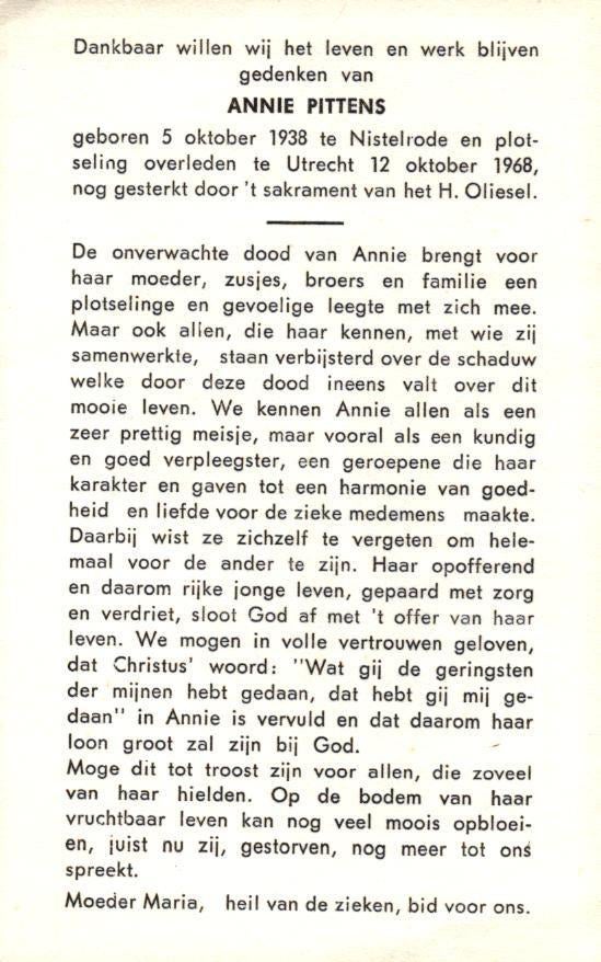 Pittens Annie Nistelrode 1938-1968 Utrecht, Verzamelen, Bidprentjes en Rouwkaarten, Ophalen of Verzenden