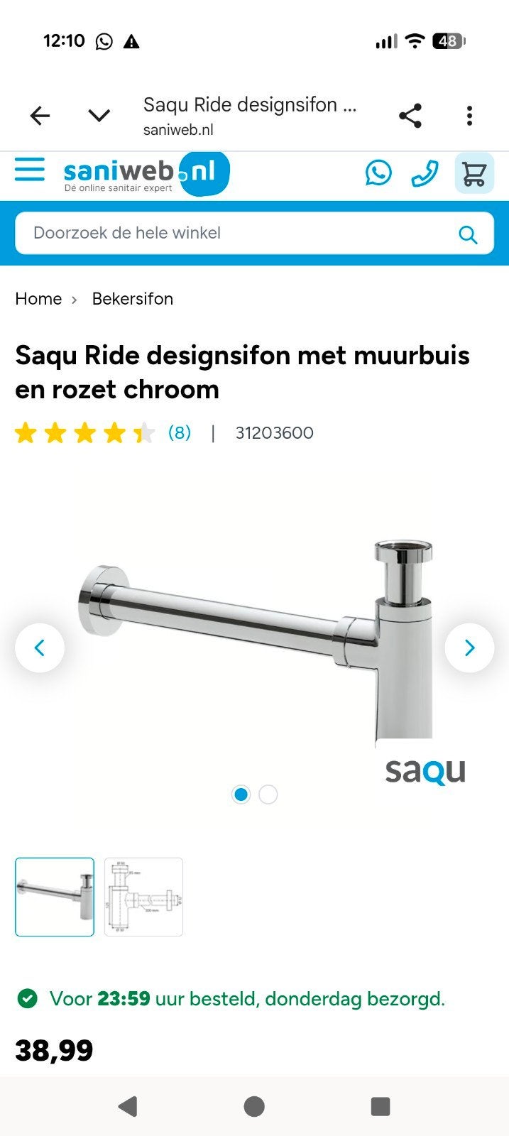 designsifon met muurbuis en rozet chroom nieuw, Doe-het-zelf en Verbouw, Sanitair, Ophalen of Verzenden, Nieuw, Chroom