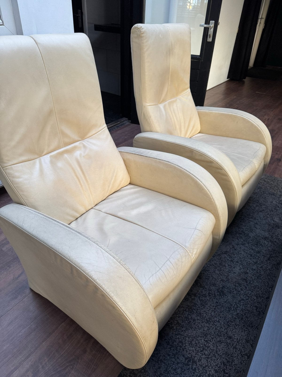 Leren relaxfauteuils - GRATIS in Set van 2 - Crèmekleurig, Ophalen, Gebruikt, Leer, 75 tot 100 cm