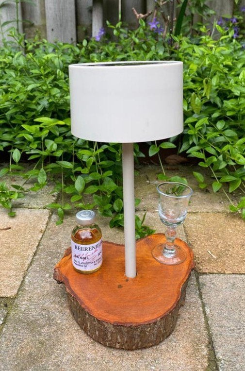 Kersenhouten hart &  solarlamp met borrel, Huis en Inrichting, Lampen | Tafellampen, Nieuw, Glas, Hout, Ophalen of Verzenden