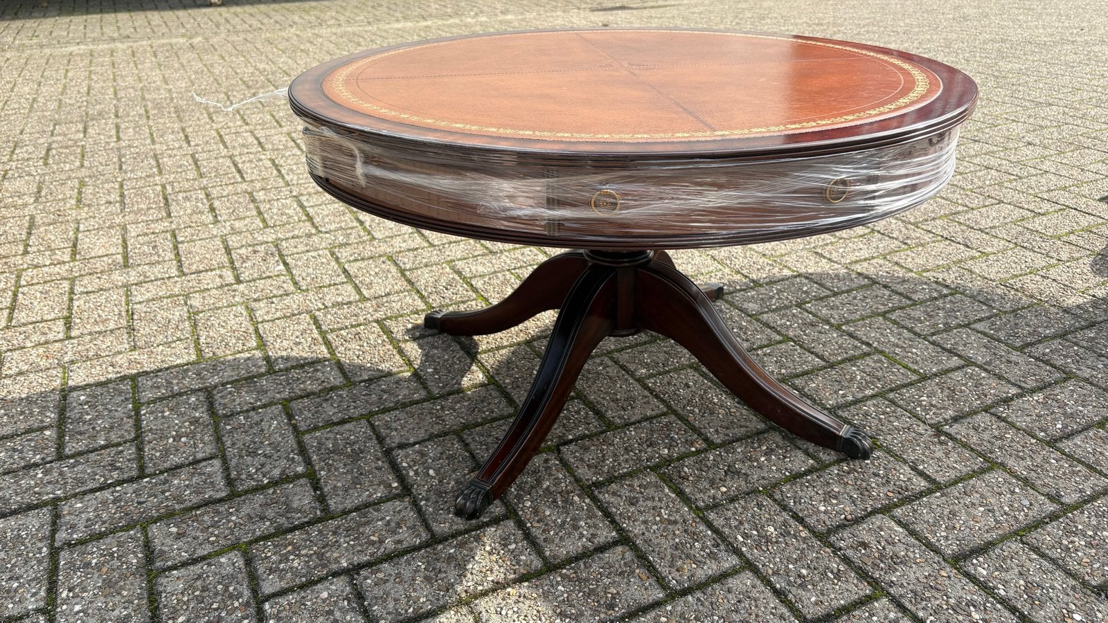 Jaren '50 Salon Tafel met Lades - Rond, Hout & Leer, Ophalen
