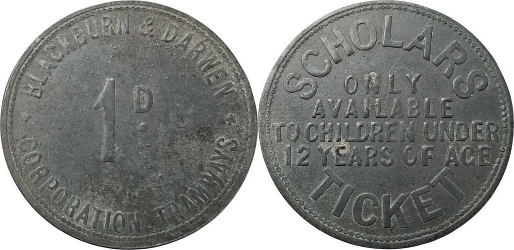 Scholierenpenning 1 penny, Blackburn en Darwen, tram, Postzegels en Munten, Ophalen of Verzenden, Overige landen, Losse munt