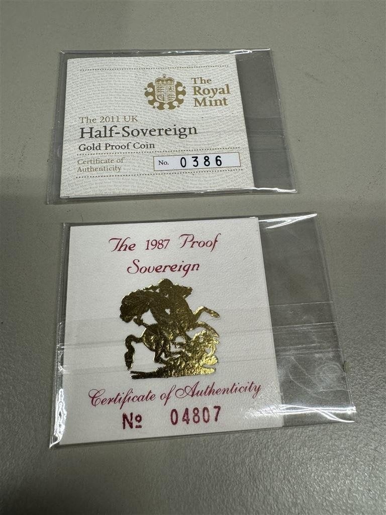 Royal mint - uk proof sovereign certificaten - 1987 en 2011, Postzegels en Munten, Ophalen of Verzenden, Overige landen
