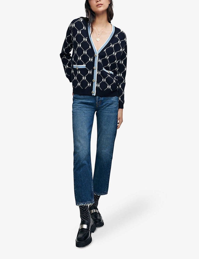 Maje Cardigan met patroon en gouden knopen, Kleding | Dames, Blauw, Ophalen of Verzenden, Maat 36 (S), Maje