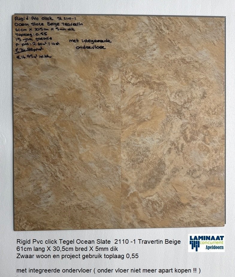 Pvc click Ocean Slate Beige met integreerde ondervloer, Pvc click tegel model met integreerde ondervloer, 75 m² of meer, Nieuw