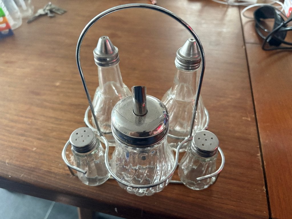Antiek Setje 5 delig van glas peper en zout, suiker pot, Antiek en Kunst, Ophalen of Verzenden