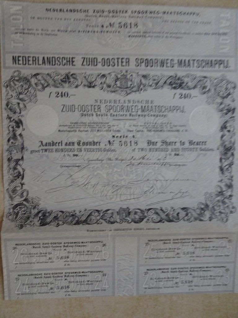 Nederlandsche Zuid-Ooster Spoorweg Maatschappij...jaar 1873, Ophalen of Verzenden, Voor 1920, Aandeel