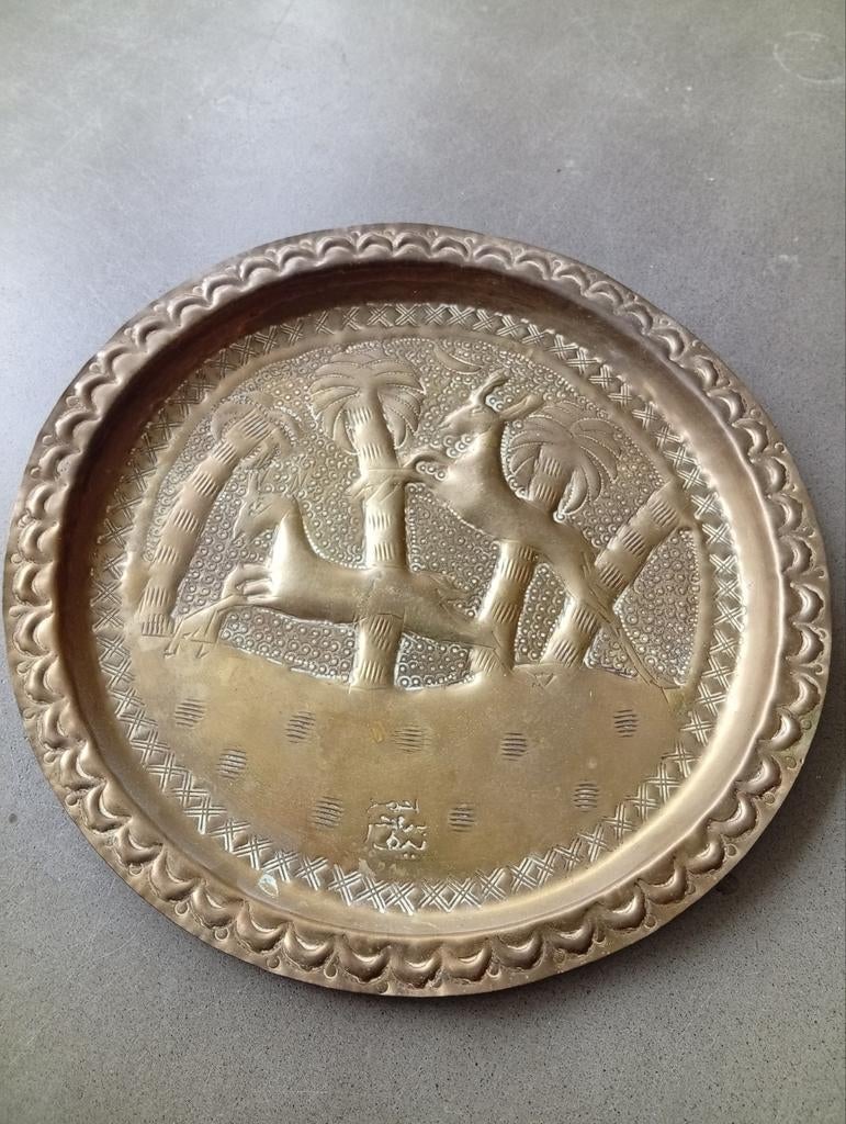 Vintage Messing Kunst Plaat met Herten en Palmbomen, Antiek en Kunst, Ophalen of Verzenden