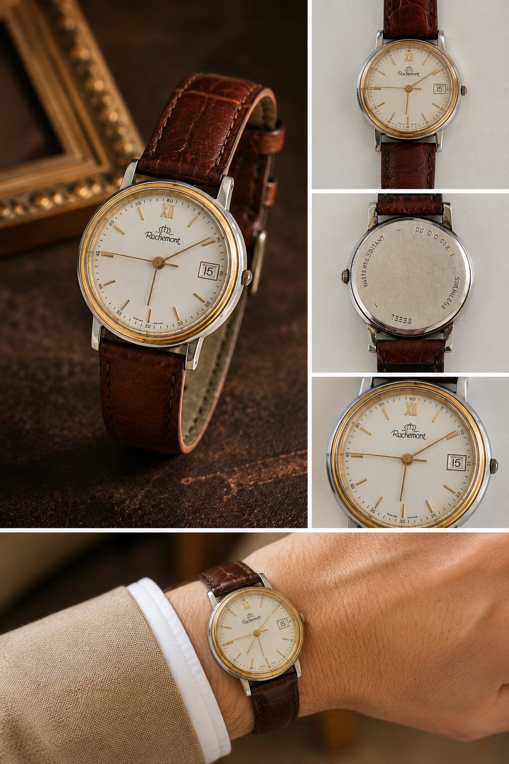 Vintage Rochemont Quartz Horloge Heren Uniseks Datum Retro, Overige merken, Staal, Polshorloge, Ophalen of Verzenden
