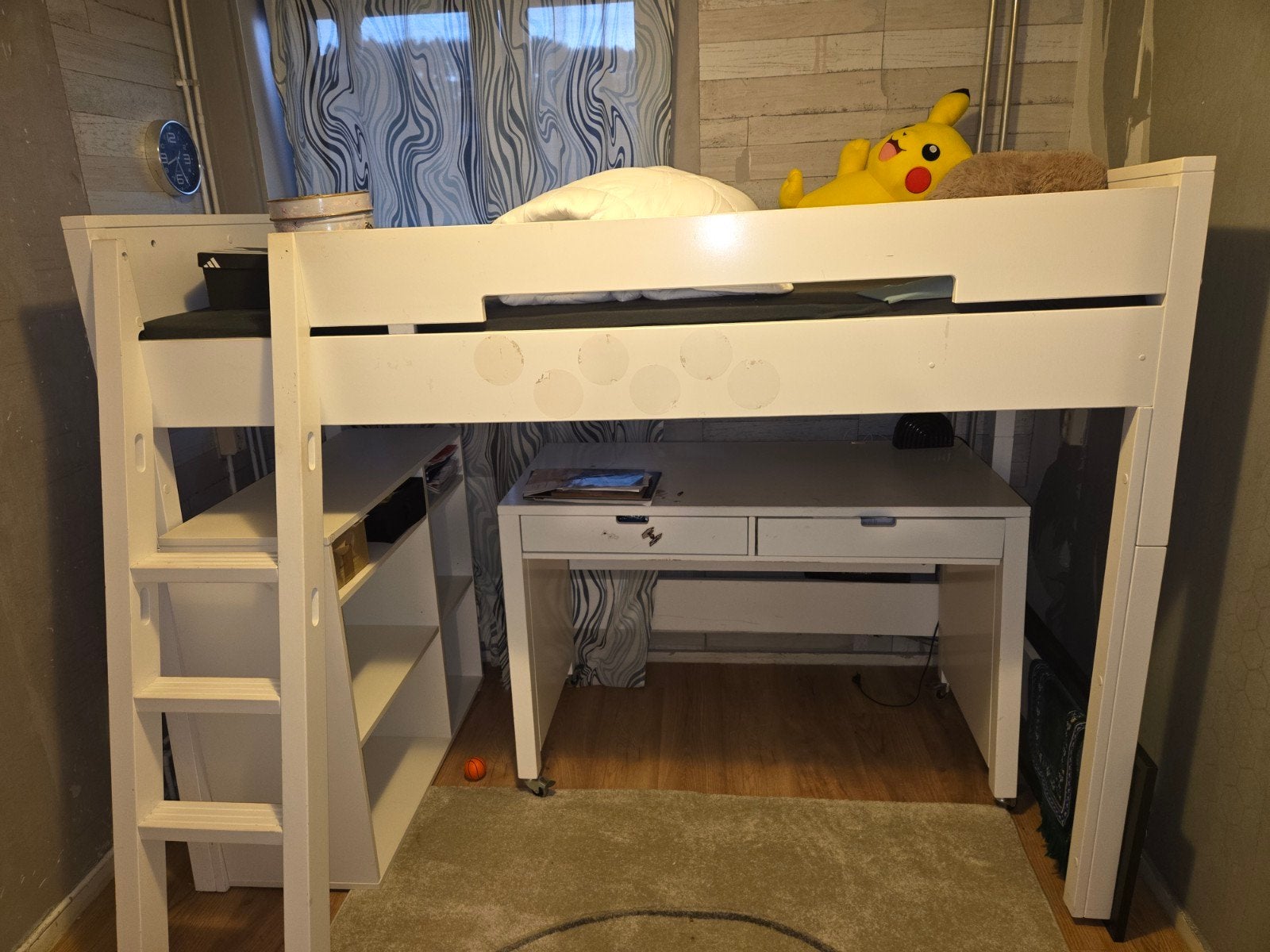 Witte hoogslaper met bureau en opbergruimte, Gebruikt, Eenpersoons, Ophalen of Verzenden, 200 cm