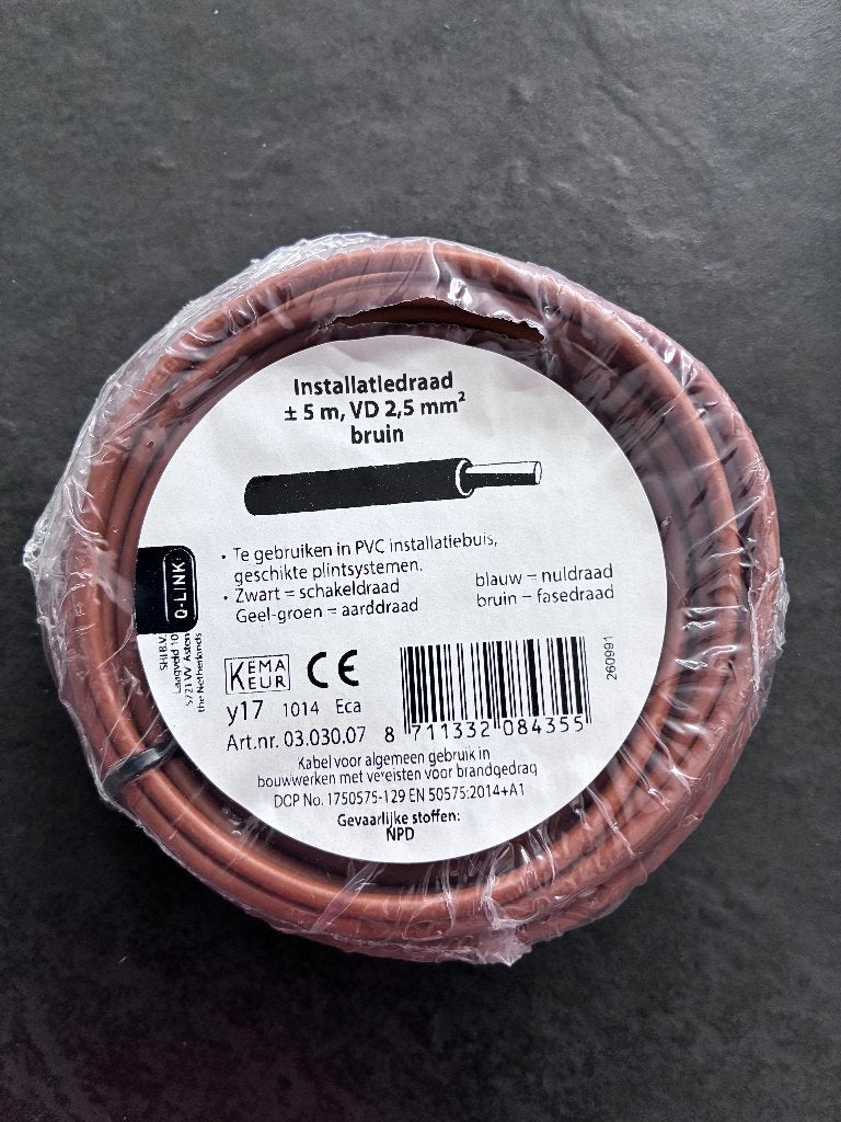 Installatiedraad VD draad blauw bruin geel/groen zwart–5 m, Ophalen of Verzenden, Nieuw, Kabel of Snoer