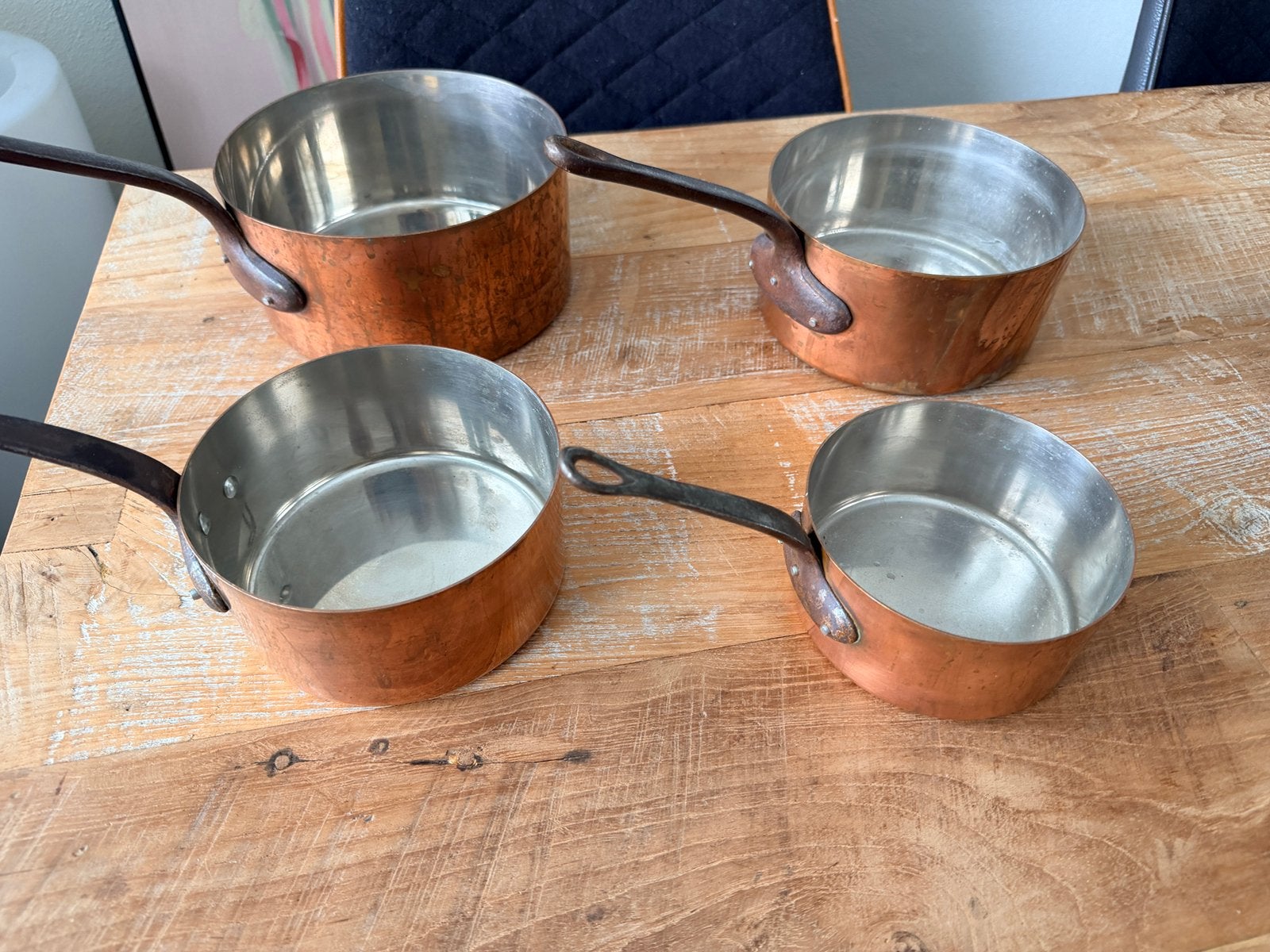 4 koperen pannen verschillende maten, Huis en Inrichting, Keuken | Potten en Pannen, Ophalen, Overige materialen, Pannenset