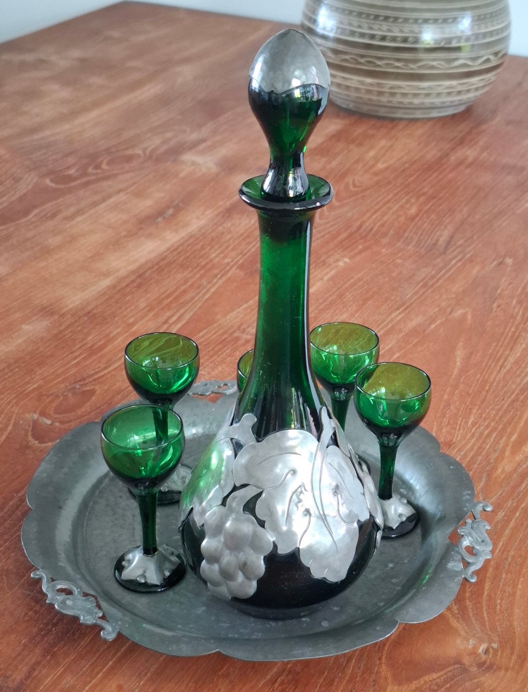 Deens likeurstel tin/groen glas, Antiek en Kunst, Ophalen of Verzenden