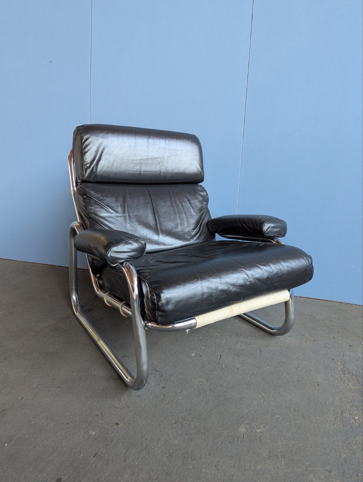 Vintage buisframe leren easy chair- 1970s, Gebruikt, 75 tot 100 cm, Ophalen of Verzenden, Dutch Design, vintage, Gelderland