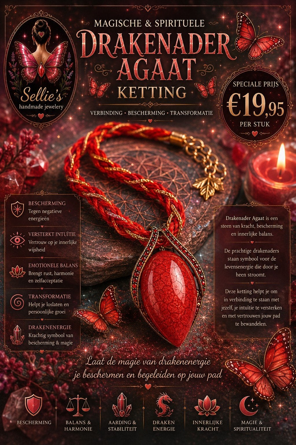 🦋 Sellie's handmade jewelery 🦋, Sieraden, Tassen en Uiterlijk, Kettingen, Nieuw, Ophalen of Verzenden, Steen of Mineraal, Verstelbaar