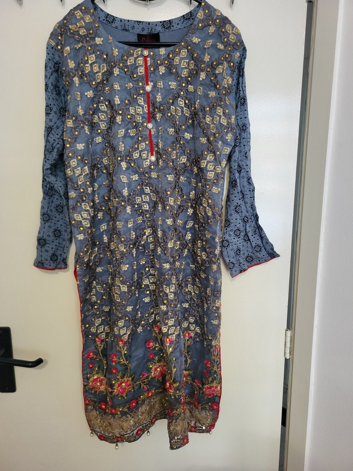 Prachtige Indiase/Pakistaanse jurk met sjaal, Maat 38/40 (M), Blauw, Ophalen of Verzenden, Knielengte