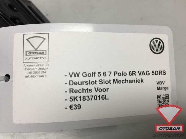 vw golf 6 polo deurslot slotmechaniek rechts voor 5k1837016l, Gebruikt, Volkswagen, Volkswagen AG, Vw@volkswagen.de