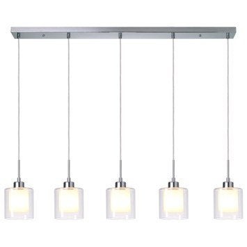 Moderne Hanglamp met 5 Glazen Kappen - Chroom, Modern, Industrieel, E14 (klein), Ophalen of Verzenden, Zo goed als nieuw