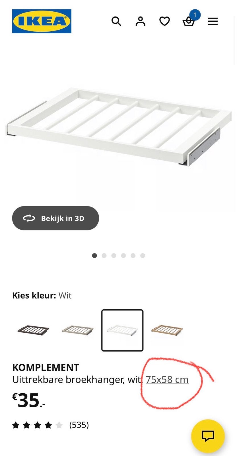 IKEA KOMPLEMENT Uittrekbare broekhanger wit 75x58 cm, Ophalen, 50 tot 100 cm, Zo goed als nieuw, Minder dan 100 cm