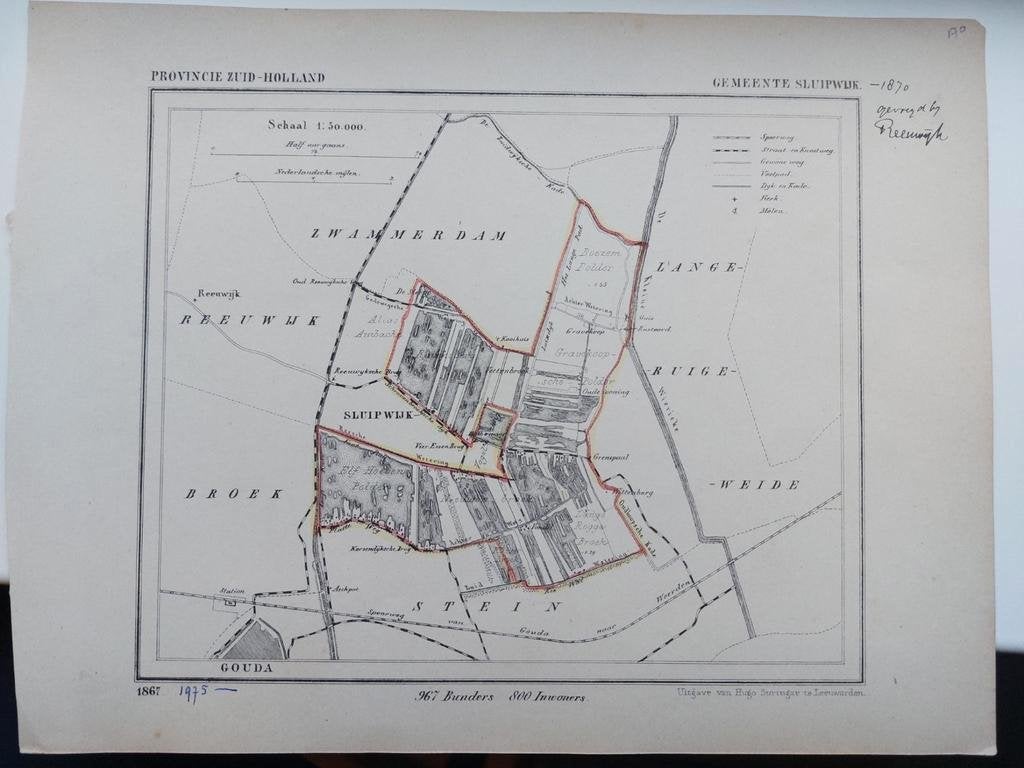 170 Sluipwijk  Zuid Holland Litho van J. Kuyper uit 1867, Antiek en Kunst, Ophalen of Verzenden