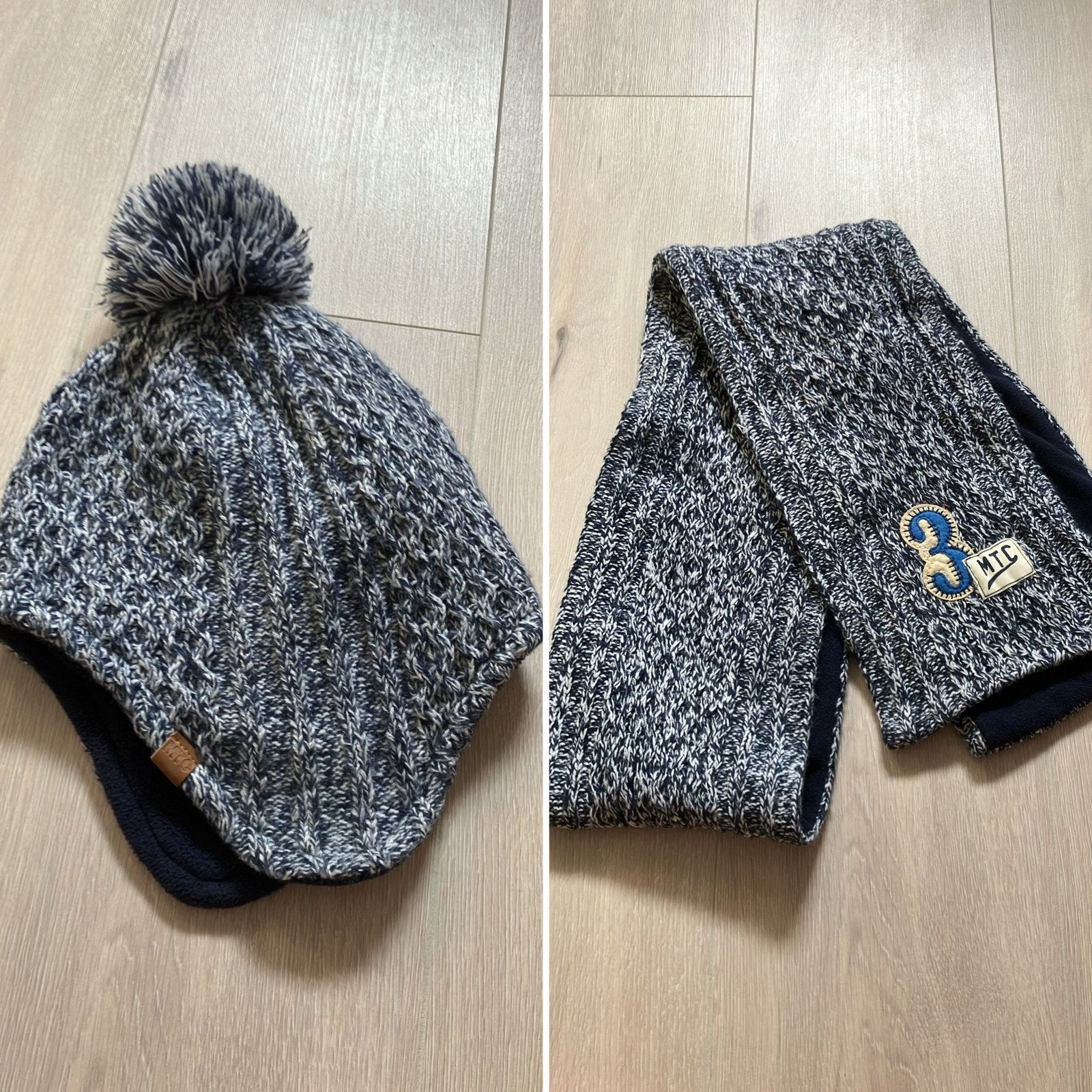 kindermuts wintermuts blauw wit gebreid met fleece + sjaal, Ophalen of Verzenden, Zo goed als nieuw, Jongen, Sjaal