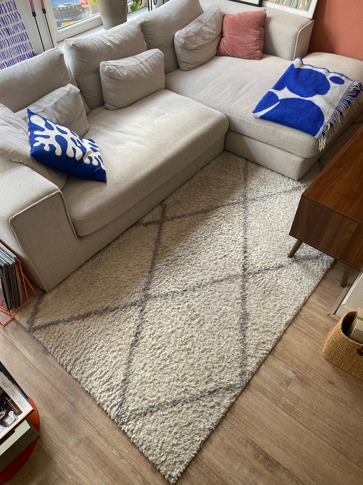 GRATIS Crèmekleurig vloerkleed met grijs patroon, 200x300 cm, Ophalen, Gebruikt, 200 cm of meer, Crème