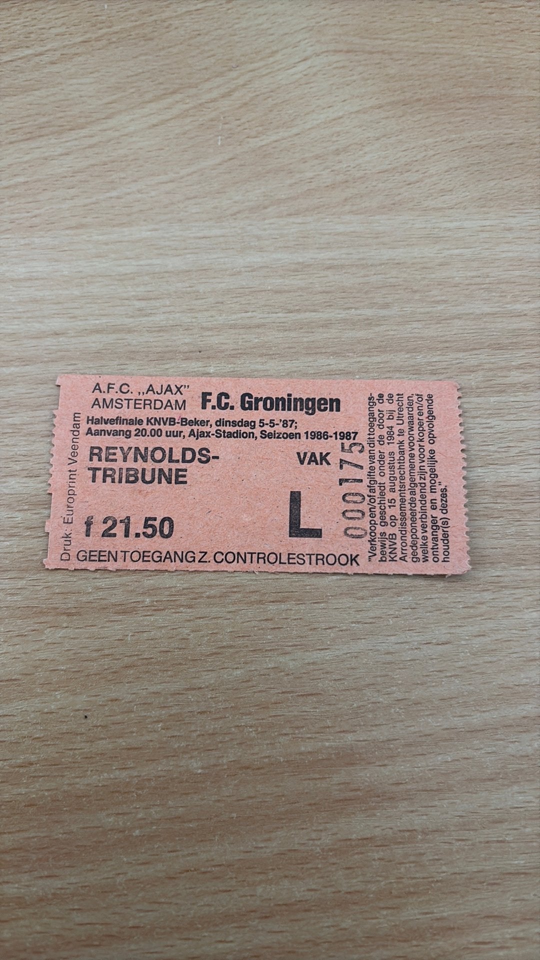 Ticket Ajax Fc Groningen  1987 beker, Ophalen, Ajax, Overige typen