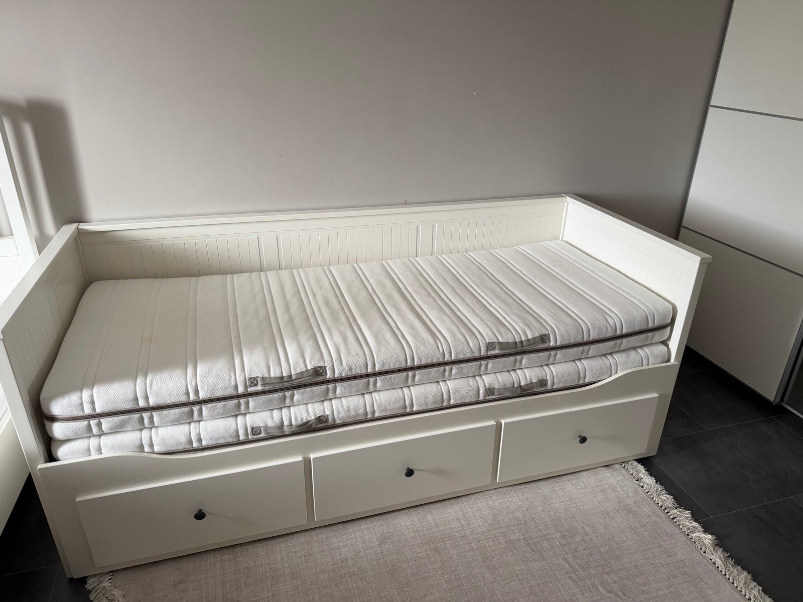 IKEA Hemnes Bedbank met 2 matrassen en 3 lades, Ophalen, Eenpersoons, Wit, 80 cm