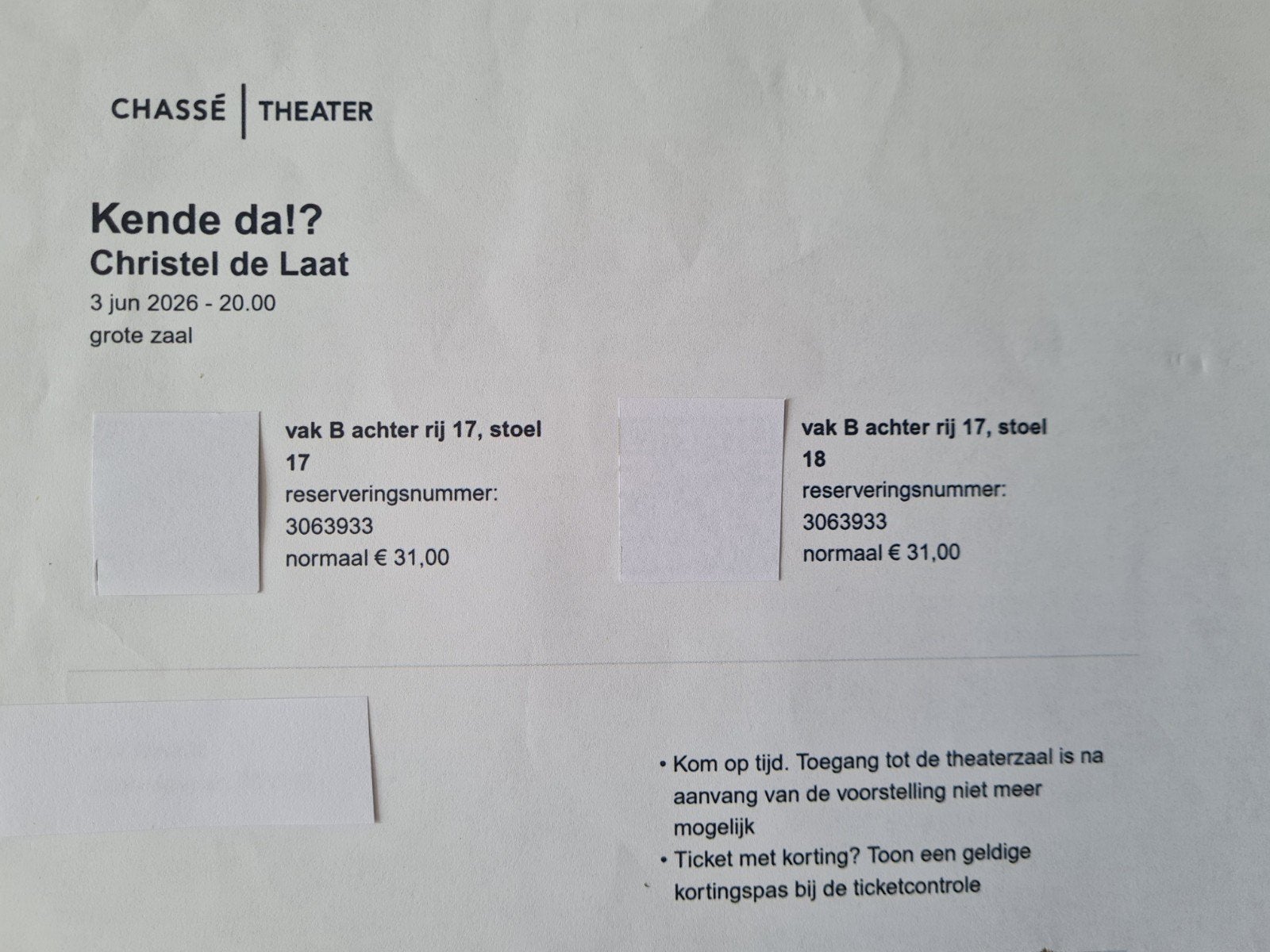 Cristel de laat, Tickets en Kaartjes, Twee personen, Juni