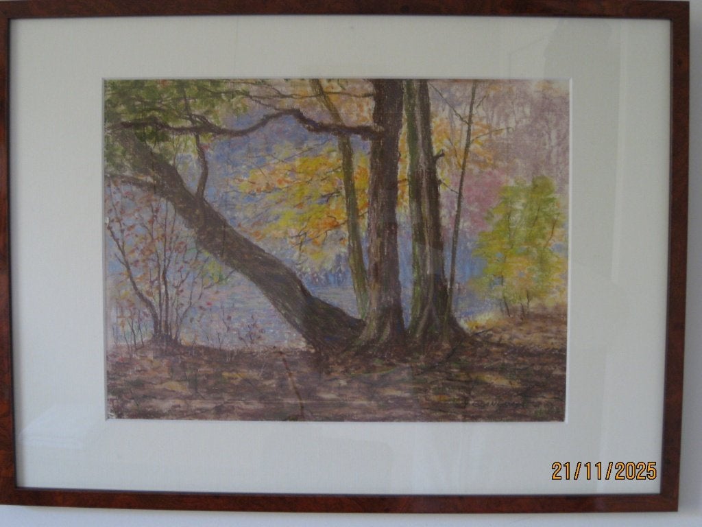 Krijttekening in notenhouten lijst - Y. Blanksma, Ophalen of Verzenden, Tekening, Krijttekening, Handgemaakt