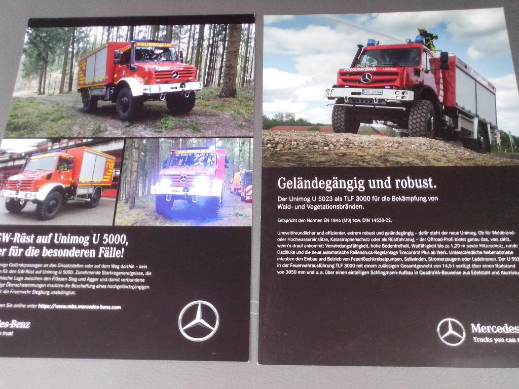 4x Mercedes Unimog folders brochures - brandweer dubbele cab, Ophalen of Verzenden, Zo goed als nieuw, Mercedes