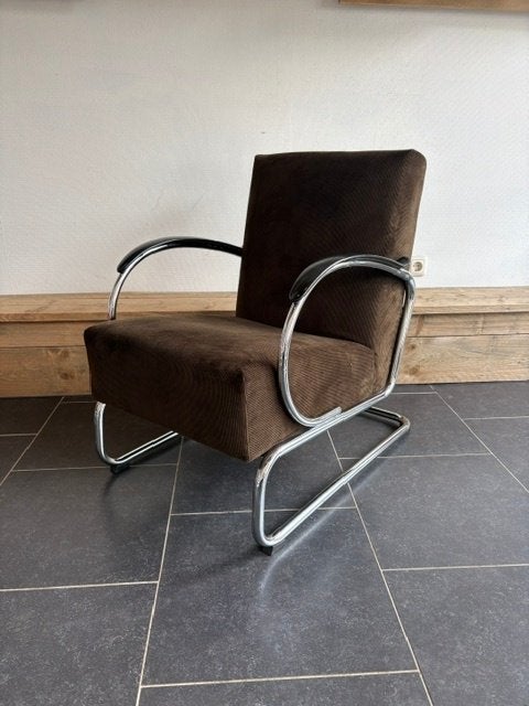 Gispen 407 fauteuil, chroom, nieuwe donkerbruine ribstof, Huis en Inrichting, Fauteuils, Design, 75 tot 100 cm, Zo goed als nieuw