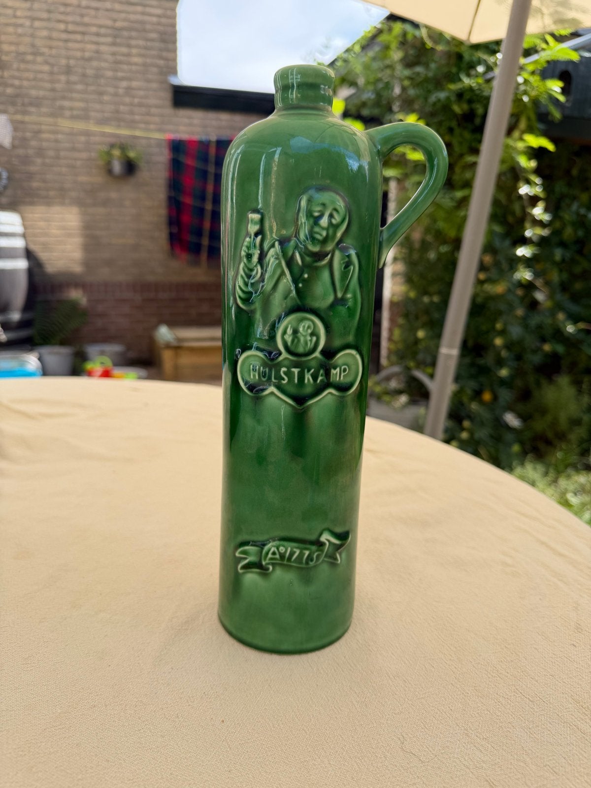 Antieke/vintage Hulstkamp jeneverkruik groen plateel Gouda, Ophalen
