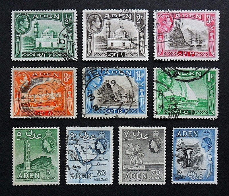 Aden / Britse kolonie : 10 zegels George VI en Elizabeth II, Ophalen of Verzenden, Gestempeld, Midden-Oosten
