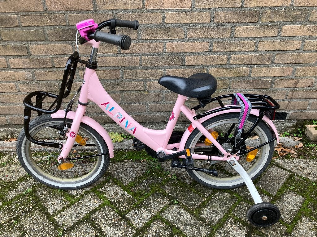 Fiets 16 inch, Ophalen, Terugtraprem, Zijwieltjes, Alpine