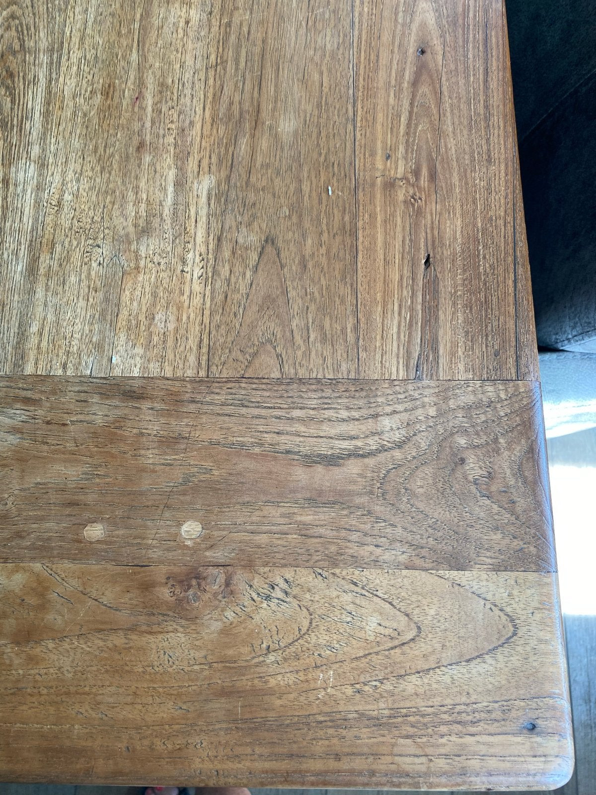 Teakhouten eettafel met 4 verrijdbare stoelen, Ophalen, Gebruikt, 100 tot 150 cm, Teakhout