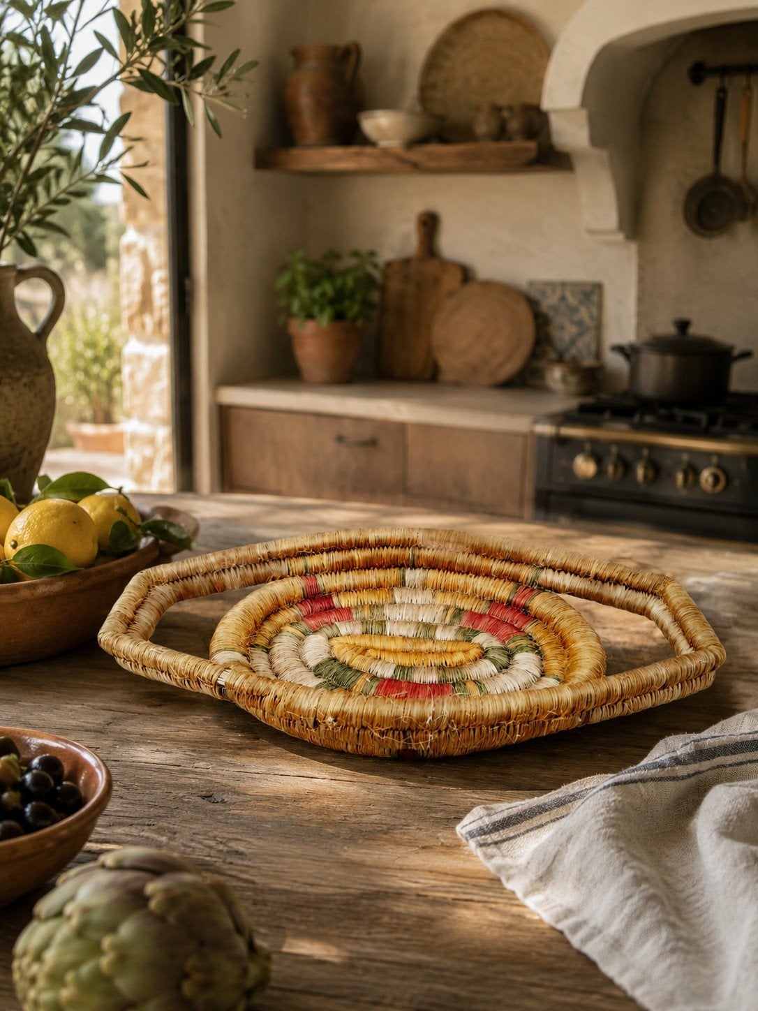 Decoratief rieten dienblad met handvatten, Gebruikt, Ophalen of Verzenden, Riet, Dienblad