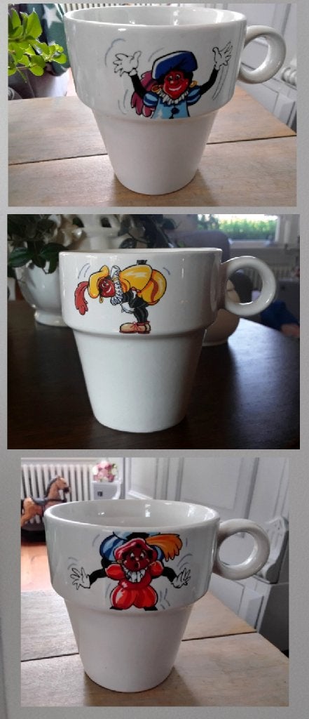 3 mokken - bekers - traditionele piet - sinterklaasmok - zw, Keramiek, Vintage, Nieuw, Mok