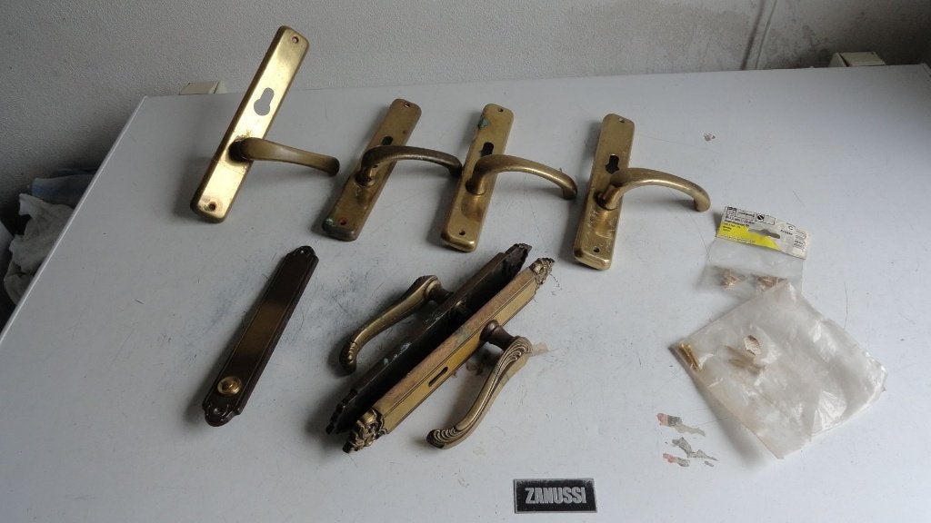Deurkrukken, deurklinken met schild, messing, Ophalen of Verzenden, Gebruikt, Koper of Messing, Klink of Kruk