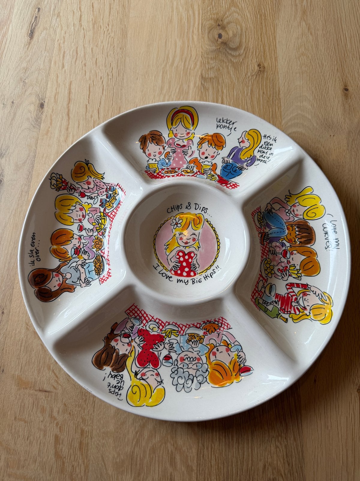 Blond Amsterdam Chips & Dips schaal 'I love my hips', Ophalen, Handbeschilderd, Porselein of Keramiek, Schaal