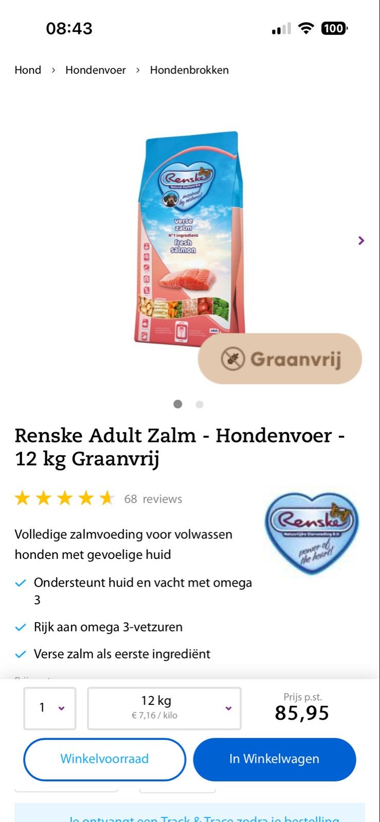 Renske hondenvoer verse zalm  bijna 12 kg, Ophalen of Verzenden, Hond