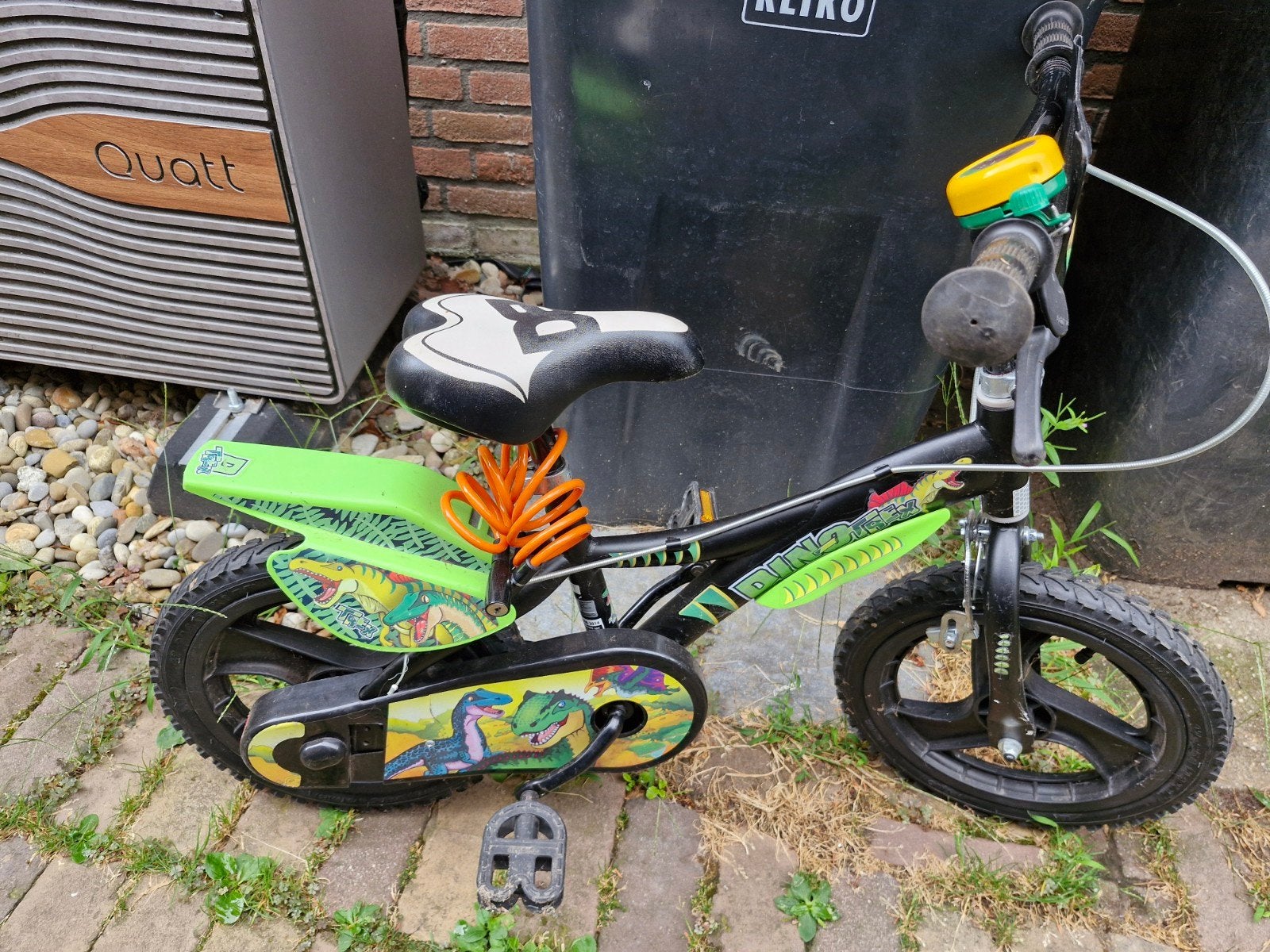 Kinderfiets 14 inch - Dino thema, Fietsen en Brommers, Fietsen | Kinderfietsjes, Ophalen, Gebruikt, Velgrem, Minder dan 16 inch