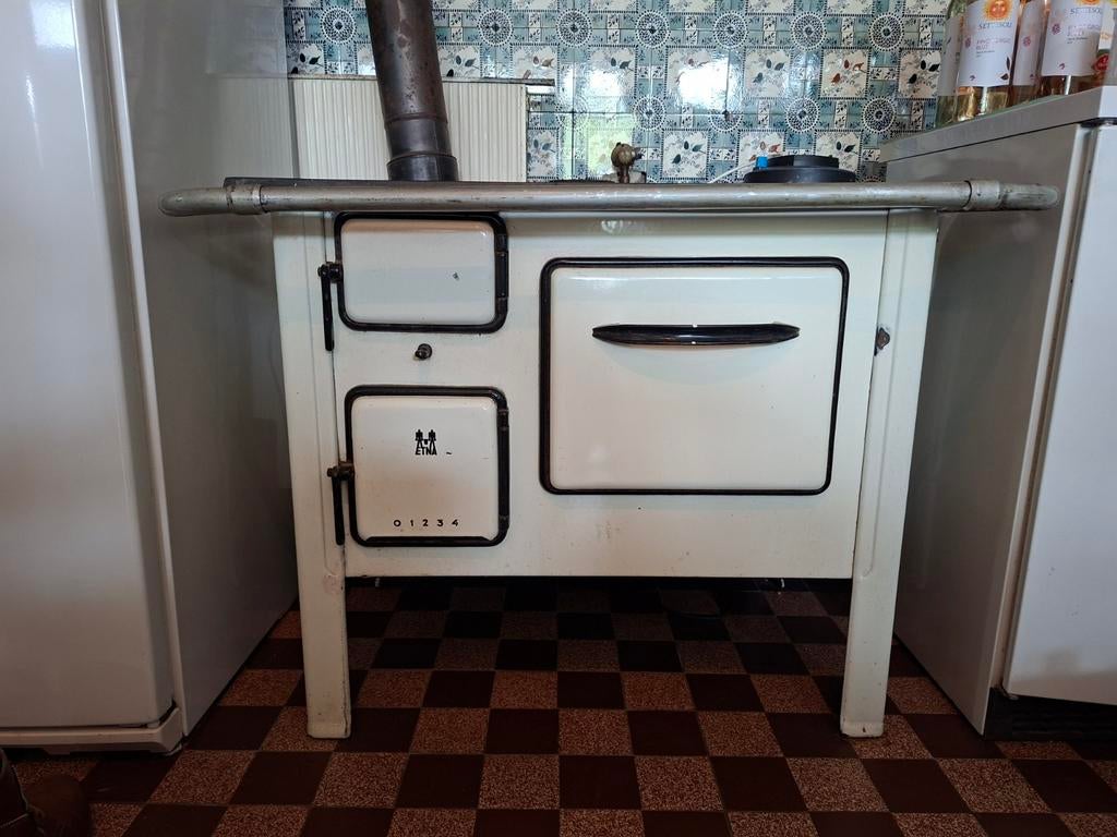 Vintage Etna houtkachel / fornuis - wit emaille, Ophalen, Gebruikt, Minder dan 85 cm, 60 cm of meer