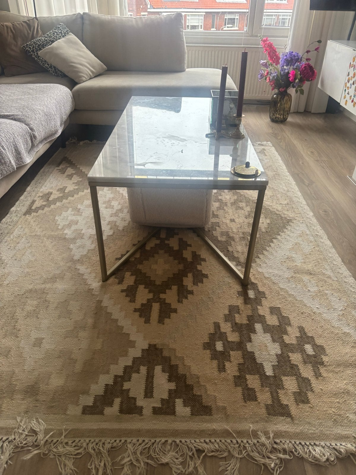 Salontafel marmerlook met goudkleurig onderstel, Huis en Inrichting, 50 – 75, 100 tot 150 cm, Zo goed als nieuw, Metaal