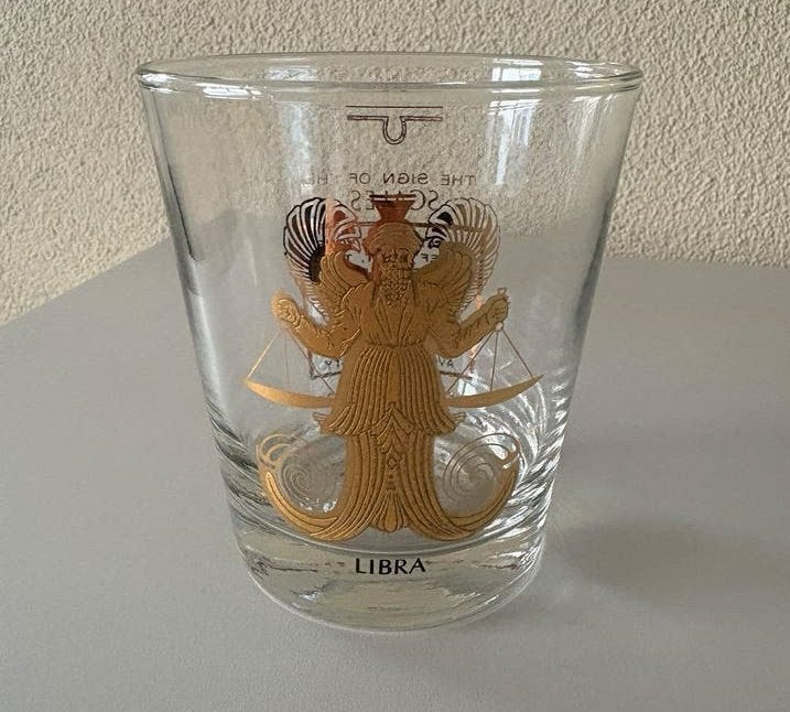 Vintage Glas met Weegschaal Sterrenbeeld en Tekst, Ophalen of Verzenden