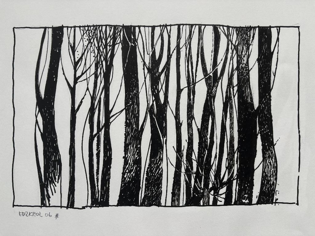 Edzard Krol (1938) – Boslandschap met boomstammen (2006), Antiek en Kunst, Kunst | Schilderijen | Klassiek, Ophalen of Verzenden