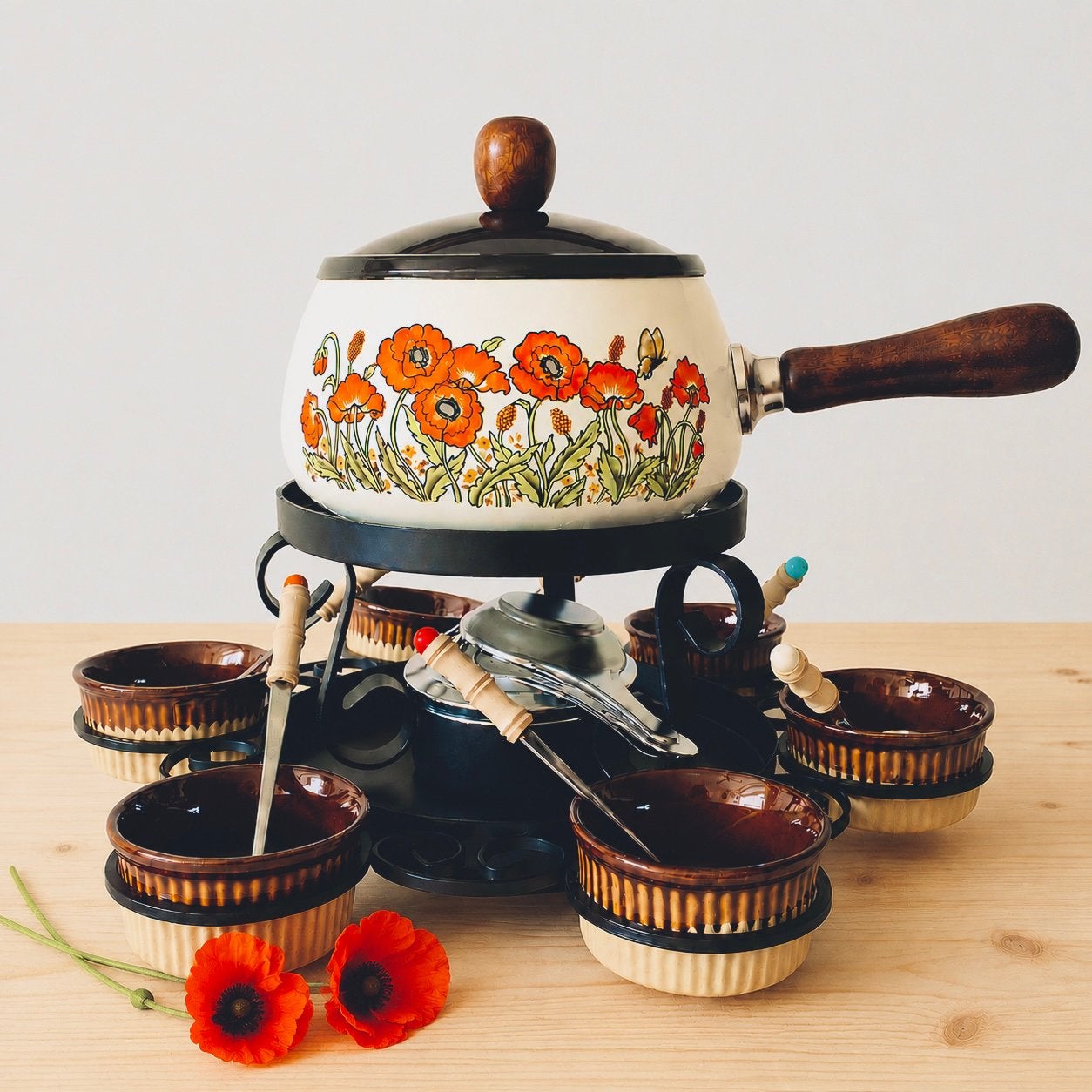 Nieuw Vintage 27-Delig 6-Persoons Fondueset Wildflowers ‘70s, Ophalen of Verzenden, Nieuw, Brander, Fondueset