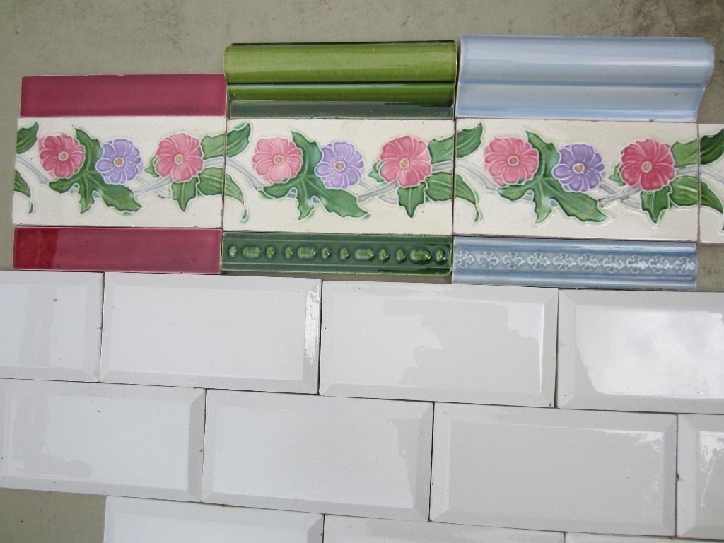 65 art nouveau wandtegels 7,5x15cm, paars en roze bloem