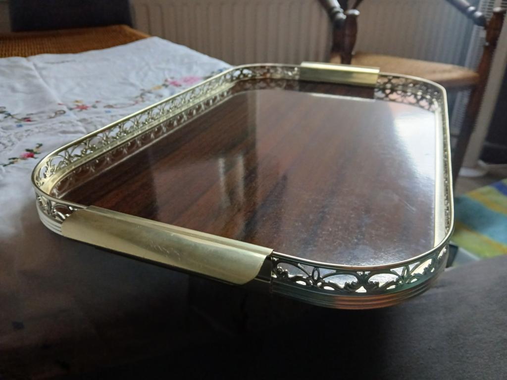 Antiek dienblad met messing rand en houten inleg, Ophalen of Verzenden